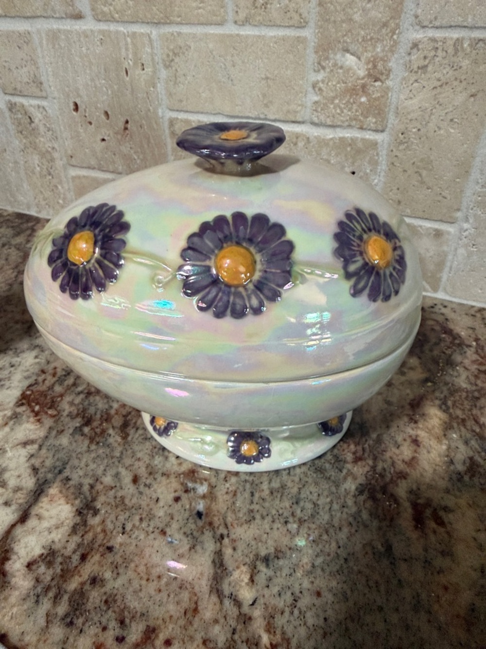 Iridescent Ceramic Holland Mold Covered Dish with Purple Daisy Motif